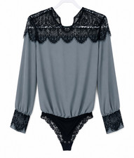 Women  s Long Sleeve Bodysuit Gray/Black Lace Trim Solid Stretch One Size