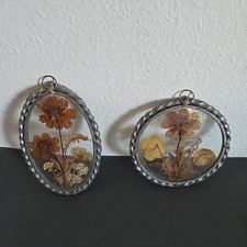 2 Vtg Dried Pressed Flowers Pewter Frame Window Suncatcher Lasting Impressions