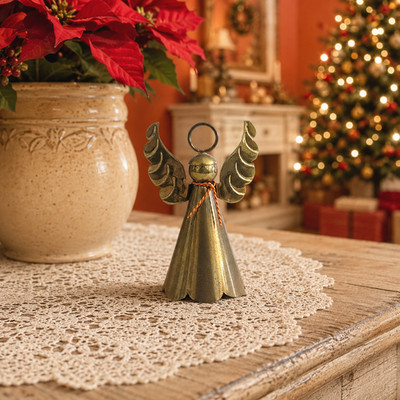 Vintage Brass Angel Bell Ornament Mexico Mid Century Mixed Metal Christmas Small