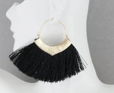 Black fringe earrings thread tassel gold hoop statement hoops gold ear wire