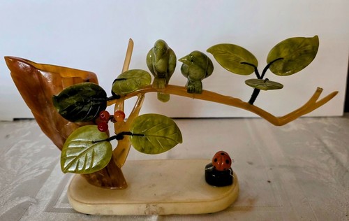 Antique ASIAN Abalone Jadeite Coral on Onyx Carved Jade Birds On Limb Lady Bug - Picture 13 of 20