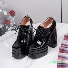 Women's Super High Block Heel Platform Leather Shoes Slip On Loafers Pumps Ladys