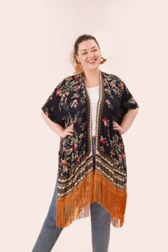 Plus Size Boho Hippie Floral Ethnic Kimono Tassel Cardigan Duster - Picture 6 of 12