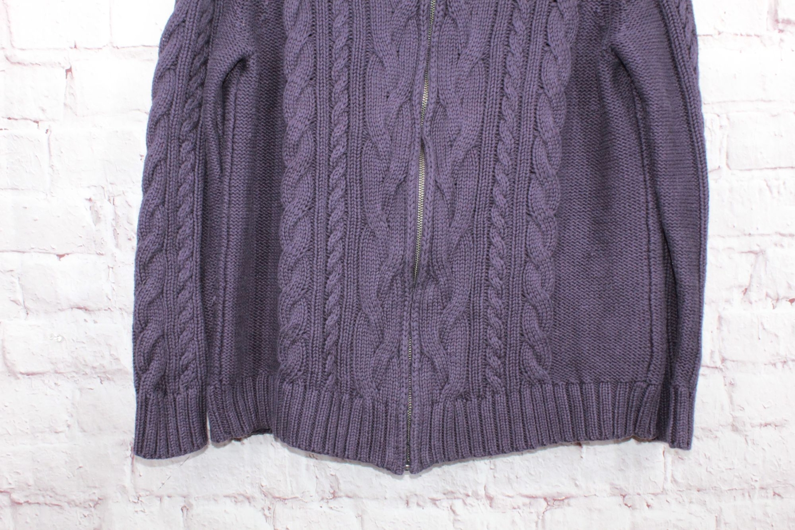 LL Bean Women's Double L Cable Sweater Zip Cardigan Cotton Dark Purple