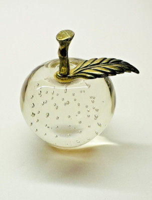 Vintage Controlled Bubble Glass Apple Figurine With Brass Stem & Leaf 3.25''