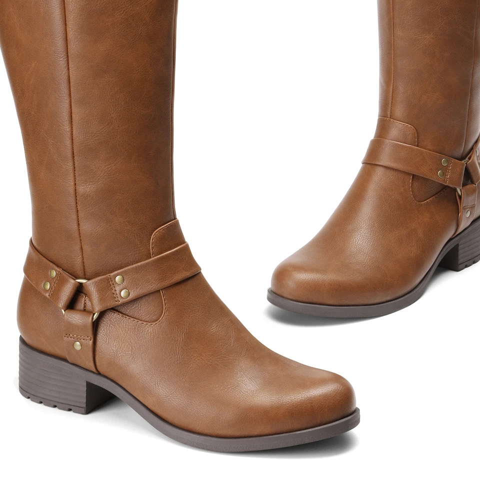 Women Motorcycle Riding Boots Low Heel Round Toe Zip Up Knee High Boots - Image 3 of 4