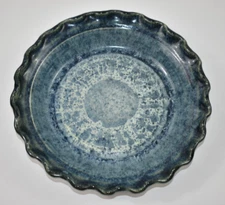 2016 Judy Smith Pottery Blue Ruffled Edge 10" Pie Plate Pan Dish Signed Art