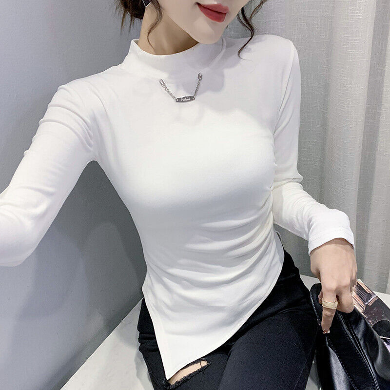 Women's Mock Neck Long Sleeve Asymmetry Hem Slit Basic Solid T Shirt Blouse  Tops