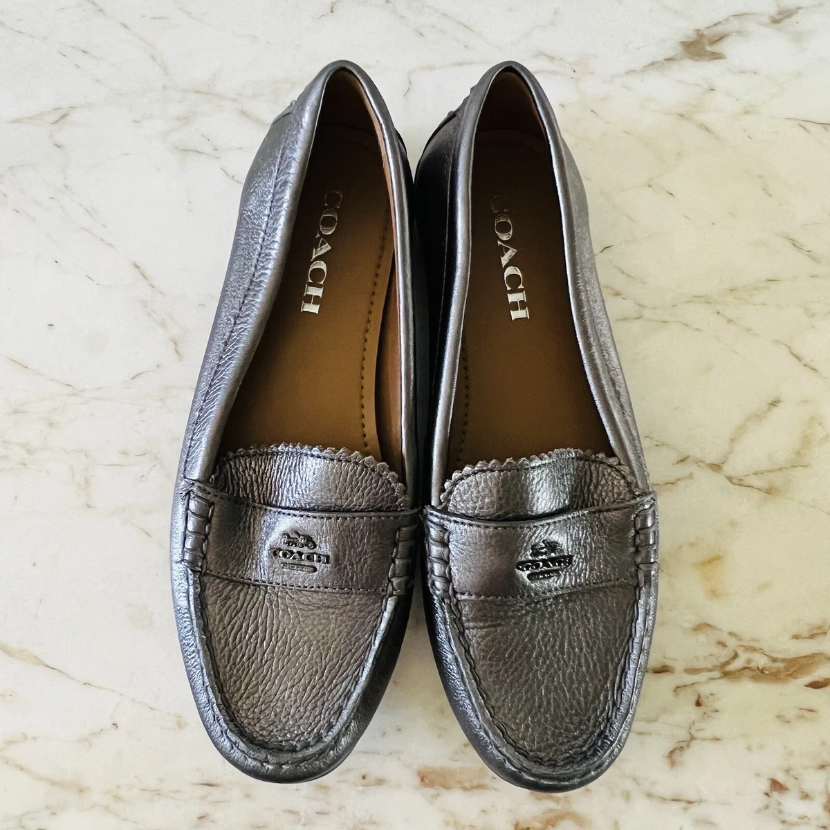 COACH Odette Solid Metallic Black Gray Leather Driver Loafer Black