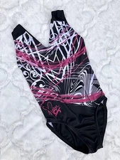 GK ELITE gymnastics LEOTARD “LASER SWIRL” Nastia Liukin BLACK PINK Polytek SZ CS