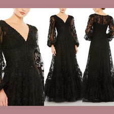 NWT Mac Duggal [ 16 ] 20430 V Neck Puff Sleeve A Line Embroidered Gown Blac J111