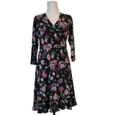 LEOTA Petite Medium Black Floral Fit & Flare Dress | Stretch Knit V-Neck Work