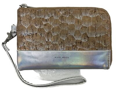 Pixie Mood Wristlet Wallet Silver and Cork Zip Close Credit Cards Pocket