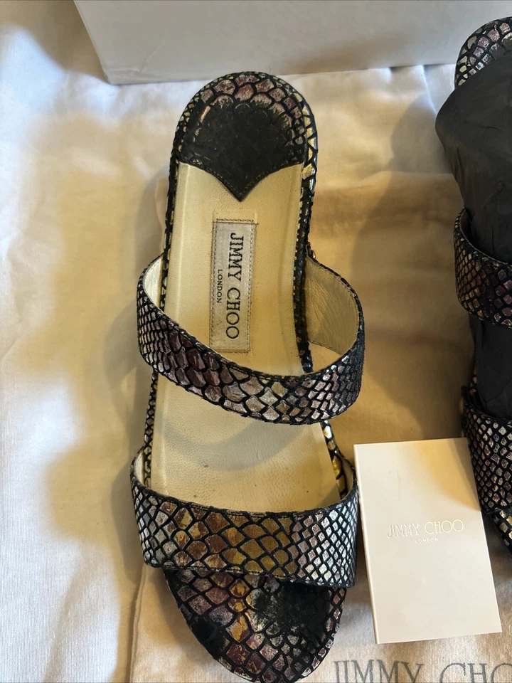 Jimmy Choo Snake Embossed Mules Heels Sandals Wooden Platform Python Size 6.5 - Image 3 of 4