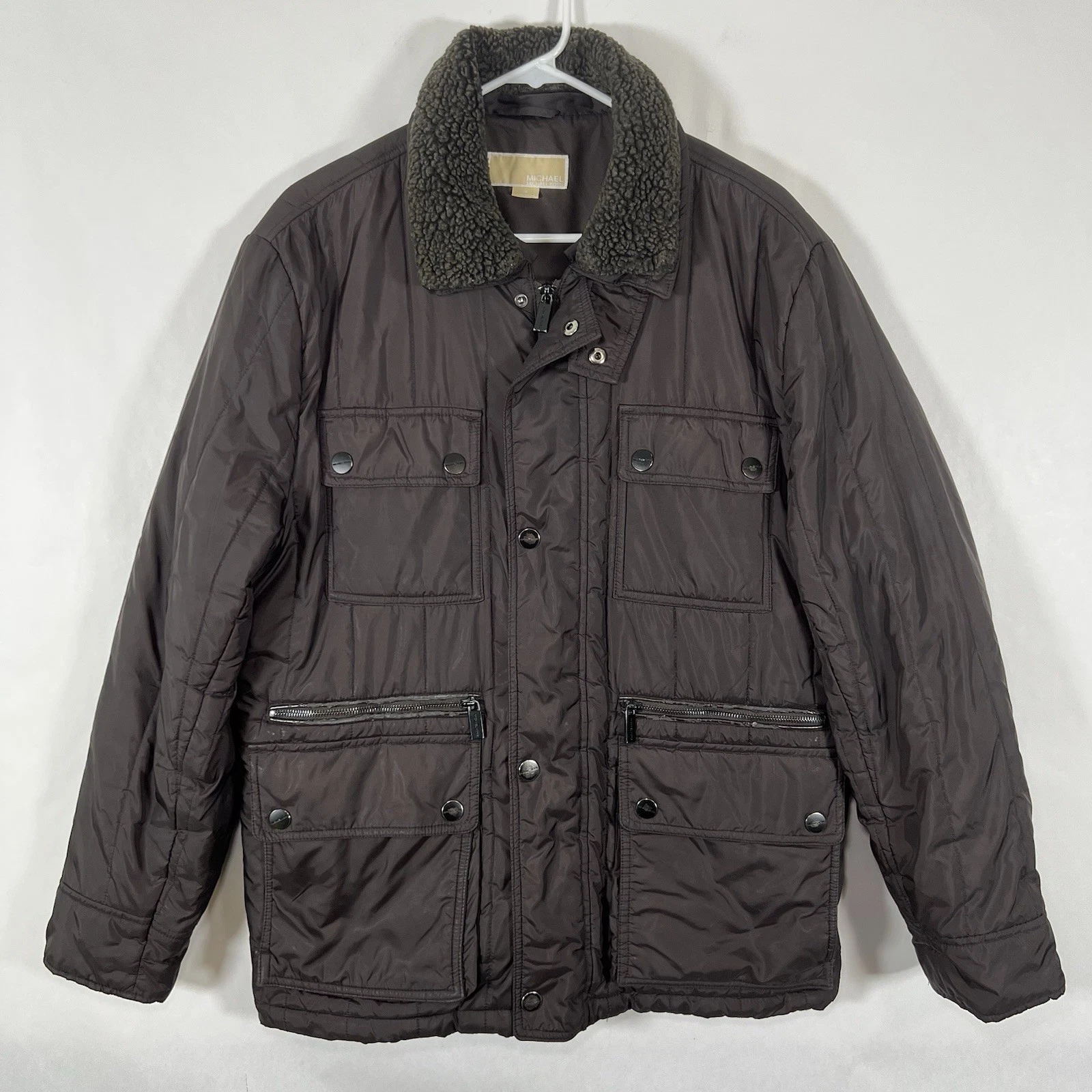 Michael Kors Full Zip Snap Insulated Jacket Mens Medium Brown Faux Fur Collar