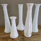Vintage Anchor Hocking Stars & Bars 9", Hoosier Milk Glass White lot of 5 Vases