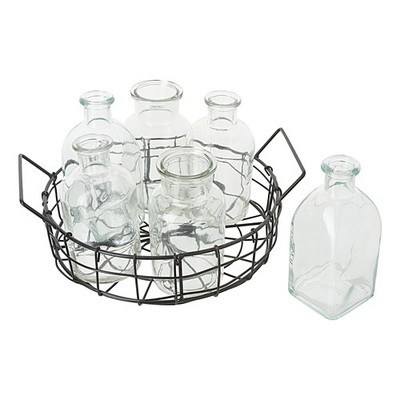 Drahtkorb mit 6 Glasflaschen 25.5 cm Durchmesser 13.5 cm Höhe Vintage Deko
