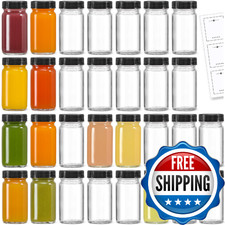 30 Pack 2 oz Glass Shot Bottles w/ Black Lids 30 Labels - Small Clear Jar for