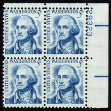 U.S. Stamp, Scott #1283B, 5¢George Washington, 1965, Plate Block of 4, MNH/FV