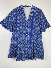 Vtg 60's Style Mod Short Dress Blue Embroidered Eyelet Lined Pink Ripple Sz L