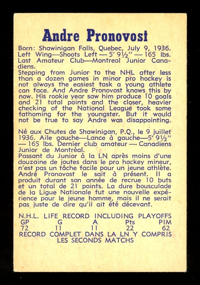 1957-58 PARKHURST NHL HOCKEY #7 Andre Pronovost Rookie EX+ Montreal Canadiens RC - Image 2 of 2