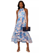Adrianna Papell Blush Pink Blue Floral Print Organza Midi Dress Sz 4, MSRP: 249
