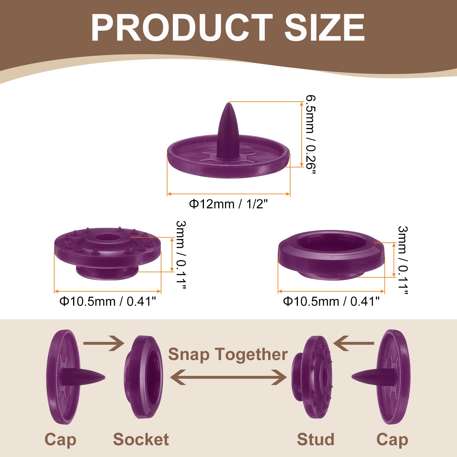400 Set Plastic Snaps T5 Round Resin No-Sew Button Fasteners Kit, Deep Purple