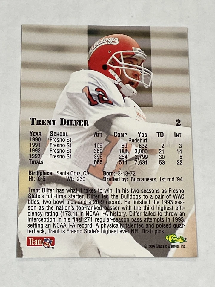 1994 Classic NFL Draft Football #2 - Trent Dilfer RC - Tampa Bay Buccaneers - Image 2 of 2