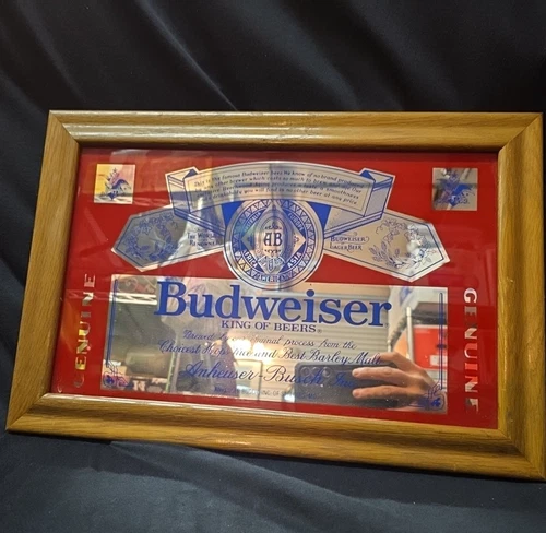 Vintage 1987 Budweiser King Of Beers Wood Framed Mirror Beer Sign 18.5" x 12.5"