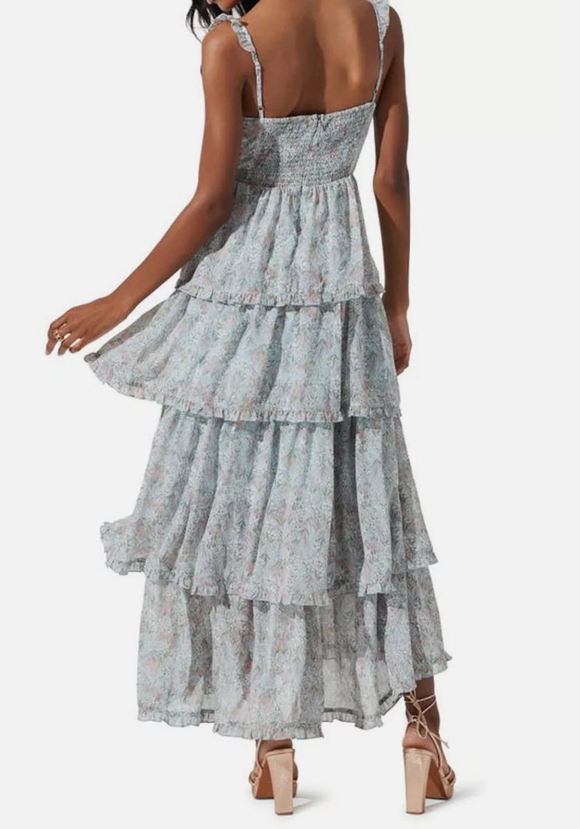 NEW ASTR THE LABEL LIGHT BLUE FLORAL FLUTTER STRAP TIERED MAXI DRESS SZ XS  | eBay