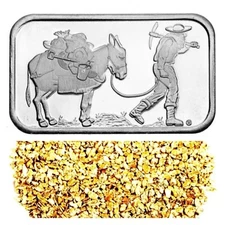 1 TROY OZ .999 SILVER RETRO PROSPECTOR BAR + 10 PIECE ALASKAN PURE GOLD NUGGETS