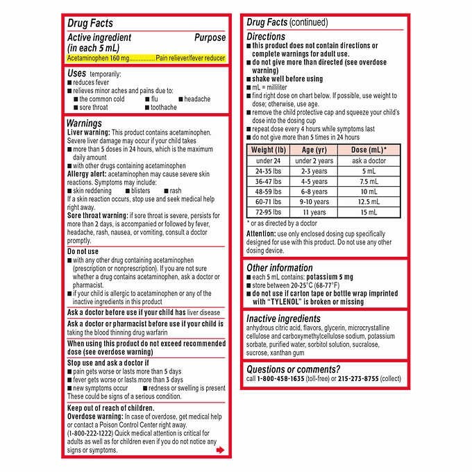 Kids Children's Tylenol Dye Free Cherry Suspension 24 Ounces (4oz X6