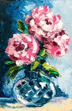 Original Art Impasto Painting Peony Wall Art Book Shelf Decor 6 x 4"
