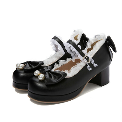 Women's Bow Ankle Starp Mary Jane Pumps Comfy Round Toe Block Heel Lolita Shoes