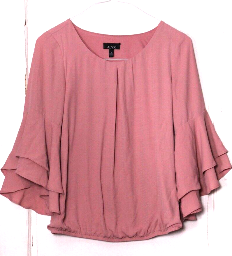 CAMICIA TUNICA ALYX donna taglia S rosa tenue manica 3 4 volant vita elastica setosa