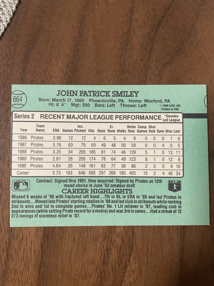 John Smiley 664 Donruss 91 美国职棒大联盟棒球错误卡 — 第 2/2 张图片