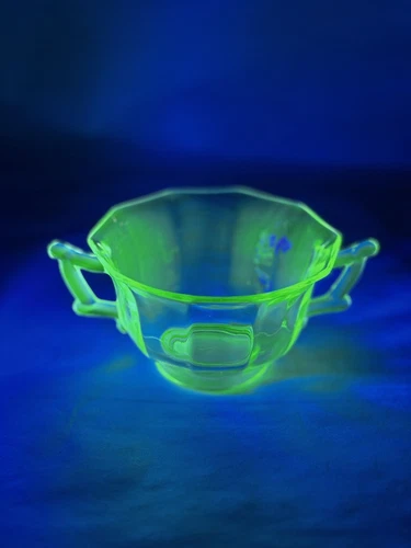 1930s Cambridge Uranium Vaseline Glass Green Depression Decagon Open Sugar Bowl