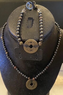 Energy Muse Signed Multi Stone Prosperity Coin Bronze Tone Bracelet Necklace Set