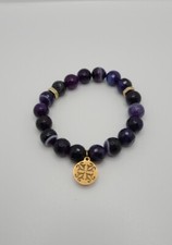 Rustic Cuff Trina Deep Purple Gold RC Logo Beaded Stone Stretch Bracelet