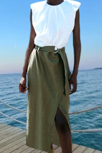 $ 79 ZARA MIDI DARK KHAKI DRESS WITH WHITE CONTRAST LINEN sz XS