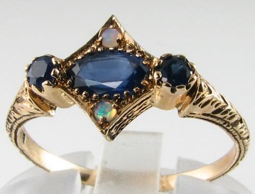 DAINTY 9K GOLD Sri Lankan SAPPHIRE OPAL TRILOGY ART DECO INS RING FREE RESIZE - Picture 1 of 6