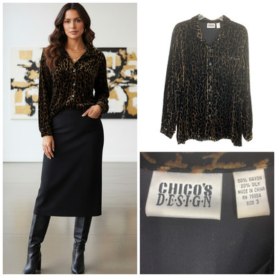 Chico's Design Sz 3 XL Silk Blend Leopard Cheetah Burnout Velvet Blouse Top