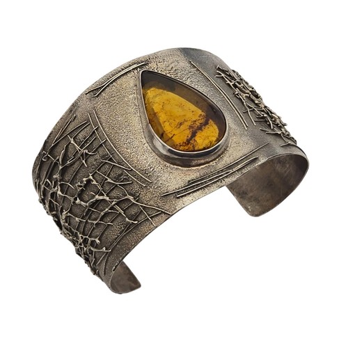 Vintage Brutalist MARIA BELEN Sterling Silver Amber Cuff Bracelet Taxco Mexico