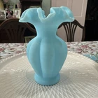 Vintage FENTON Blue Satin Glass Vase Melon Ruffled Top ca. 5.5" Custard