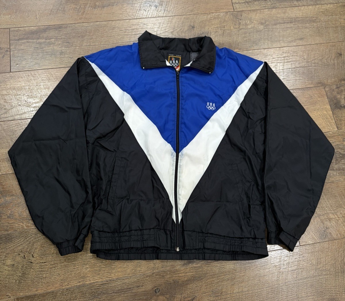 Vintage 90s USA Olympics Geometric Windbreaker Jacket Black & Blue Medium