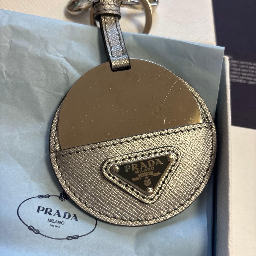 PRADA Mirror Keychain Metallic Leather Logo Plate Used Italy thumbnail 2
