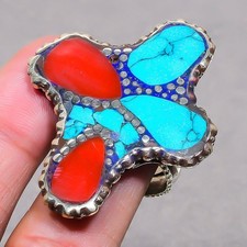 Red Coral Tibetan Turquoise Handmade Boho Nepali Jewelry Adjustable Ring SR 3397