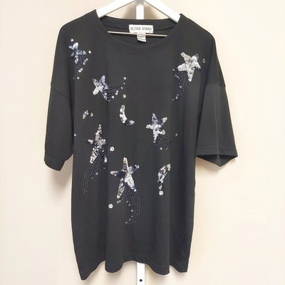Victoria Woman Black Sequin Shooting Star Celestial T-Shirt Plus Size 2X Vintage