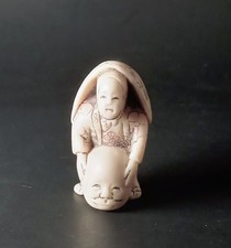 VTG 2" Handmade  Japanese Netsuke Miniature Figurine Sculpture Man with Mask