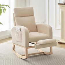 Beige Rocking Chair with Foot Rest,High Back Armchair with Wood Legs Side Pocket